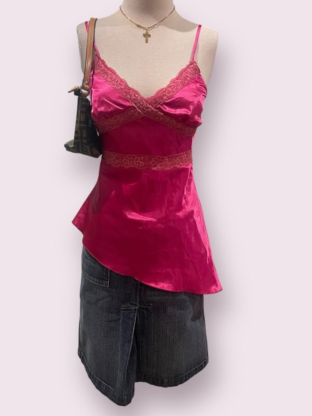 Y2K Pink Satin Cami Top with Lace Trim